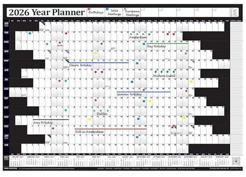PlannerHead 2026 Wall Planner Black | Yearly Calendar 2026 for Students, Families, Businesses, Offices | UK & Ireland Bank Holidays | Unmounted & Unlaminated (Black, Large 49cm x 70cm - Rolled)