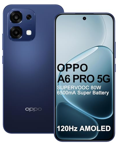 OPPO A6 Pro 5G 8+256GB IA Smartphone, Teléfono Móviles, Grande Batería 6500mAh, 80W SUPERVOOC, Pantalla 120Hz 6,57 AMOLED, Dimensity 6300 5G, Cámara AI 50+2MP, IP69, AI LinkBoost, NFC, Dual SIM, Azul