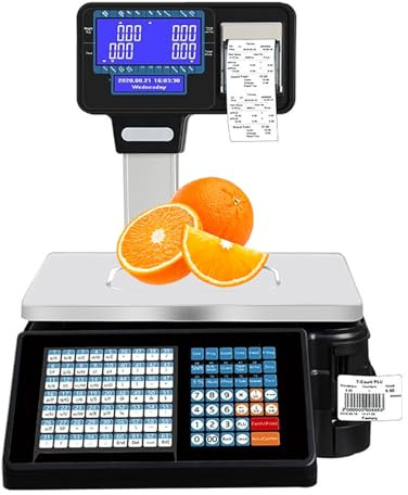 Digital Price Computing Scale, Commercial Dual Display Label Printing Scale with 6/15/30kg Capacity, Digital Counting Scales with Pole Display and Label Printer, for Supermarket(Portuguese,B)