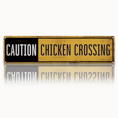 Vintage Metal Tin Farm Warning Sign, Caution Chicken Crossing Sign, Coop Barn Decor, Rustic Farmhouse Wall Plaque for Garden Fence Porch, Weather Resistant, Easy Mounting, 15.7 x 3.9 inches