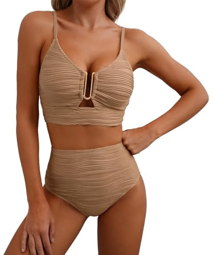 LXEASYGO Women's High Waisted Bikini Set 2 Piece Swimsuit Tummy Control Swimwear Full Coverage Bottom Adjustable Bikini Set for Women (UK, Numeric, 8, 10, Regular, Regular, Brown)