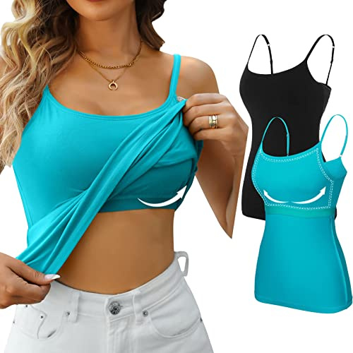 CharmLeaks 2 Pack Women Cotton Camisole Spaghetti Strap Cami Vest Top, Black & Aqua, XXL