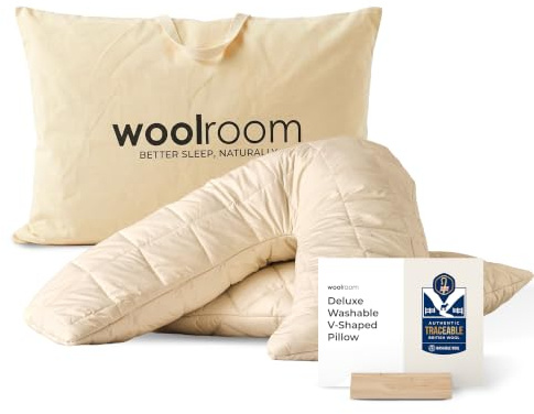 WOOLROOM Deluxe V Shaped Wool Pillow - 100% Traceable Natural Personalized Body Comfort with Soft Breathable Organic Cotton - Hypoallergenic Moisture Wicking Feather Down Alternative (W75 x L75'')
