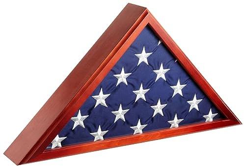 Juvale Triangular Cherry Wood Shadow Box - Glass-Front Cherry Wood Flag Display Case - Metal Clips & Burial Flag Case - Versatile Tabletop & Wall Mount Display - 24.7x 12.4 x 3.5, Red