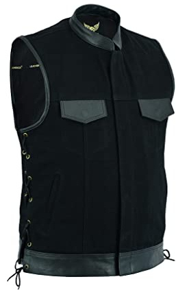 Leatherick Chaleco de hombre con ribete de cuero en denim pesado con encaje lateral estilo motero y bolsillos profundos