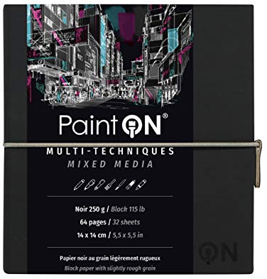 Clairefontaine - Ref 975434C - Paint'On Multi-Technique Sydd konstbok (32 ark) - 14 x 14 cm, 250 gsm tungviktspapper, syrafri - svarta sidor/svart omslag