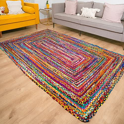 RAJRANG Reversible Chindi Area Rug 122 x 183 cm Handmade Cotton Braided Floor Carpet Boho Large Rag Runner for Living Room and Bedroom Decor - Multicolor