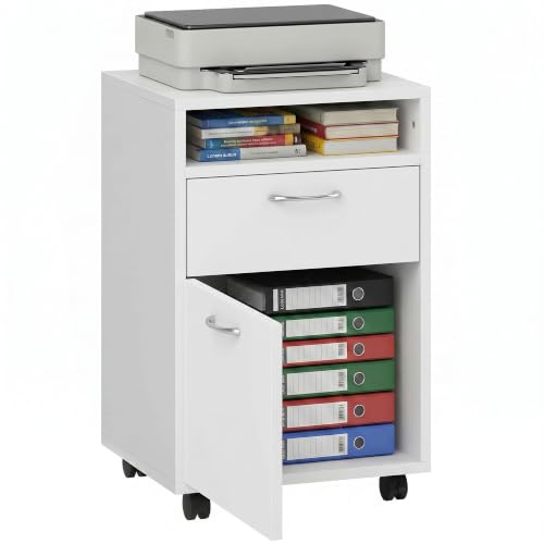 HOMCOM Filing Cabinet with 2 Drawers for A4 on Wheels White | Mobile File Cabinet, Office Home Organiser, for Letter-Size File Folders, Mobile Printer Stand with Open Shelf, Under Desk