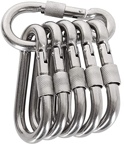 Acquwistach Locking Carabiner Clips 6 Pack 3.15 Stainless Steel Spring Snap Hook Locking Carabiner Heavy Duty - 304 Premium Stainless Steel Thumb Screw Carabiner Clip
