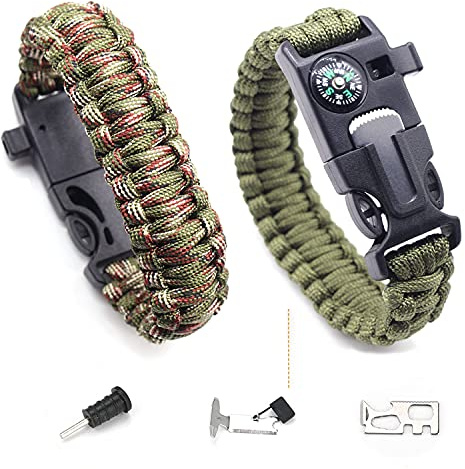 FANSEZQ Bracelet De Survie, Militaire Paracord Bracelet Kit, Équipement De Sauvetage Comprenant Boussole, Cordon De Parapluie De 3,6 m, Couteau d'urgence Et Sifflet (Vert Militaire/Vert Camouflage)