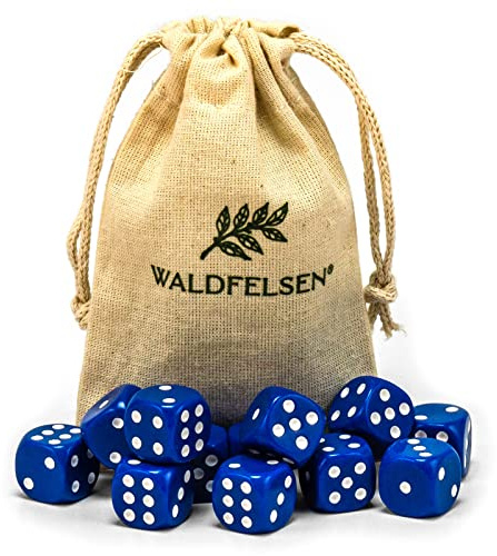 Waldfelsen Högkvalitativa tärningar, 6, 12, 20, 30 eller 50 stycken, i standardstorlek: 16 mm, 6-sidiga akryltärningar, speltillbehör, i set med tygpåse (blå, 12 stycken)