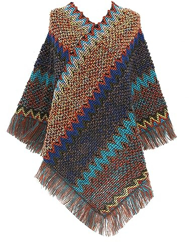 Jdlsppl Poncho para mujer, suéter de punto en zigzag, poncho mexicano para otoño, hippie, suave, con flecos, chal de ganchillo, capa asimétrica