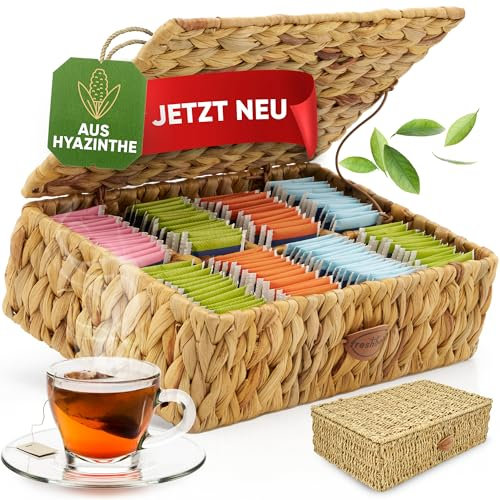 freshboho Teebox für Teebeutel aus Hyazinthe geflochten [extra große Fächer] Teebeutel Aufbewahrungsbox für alle Teesorten | Tee-Aufbewahrungsbox zur Teebeutel-Aufbewahrung | Variante wählen