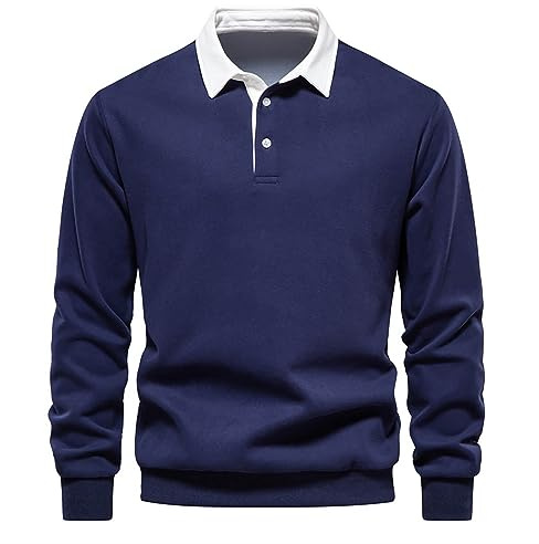 Szshaoye Men's Casual Loose Lapel Long Sleeve Thick Pullover Color Block Tennis Collared Bottom Shirt Elastic Sweater 3 Button Sweatshirt for Men Classic Plain Turn Down Collar Jumper