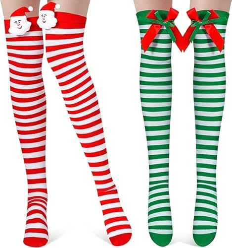 Calcetines navideños largos, 2 unidades, calcetines largos a rayas para mujer, calcetines hasta la rodilla con lazo, calcetines altos navideños, adecuados para decoración de disfraces navideños