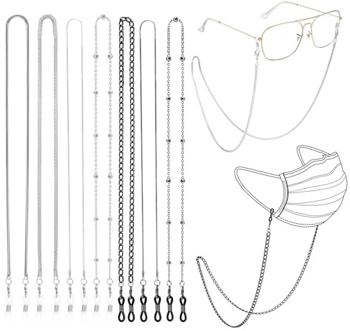 BTHRORO 7 stycken glasögonhalsband för kvinnor och män, elegant glasögonband silver glasögonband läsglasögon kedja halkskydd glasögontillbehör, flerfärgad, M