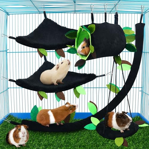 Lot de 5 hamsters à suspendre pour hamster, rat, cochon d'Inde, cage jouet accessoire de cage à motif forêt, tunnel et balançoire pour petits animaux, planeur, écureuil jouant au sommeil (noir)