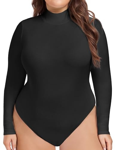 COOTRY Women's Plus Size Mock Turtle Neck Bodysuit Long Sleeve Basic Tops Black 3XL