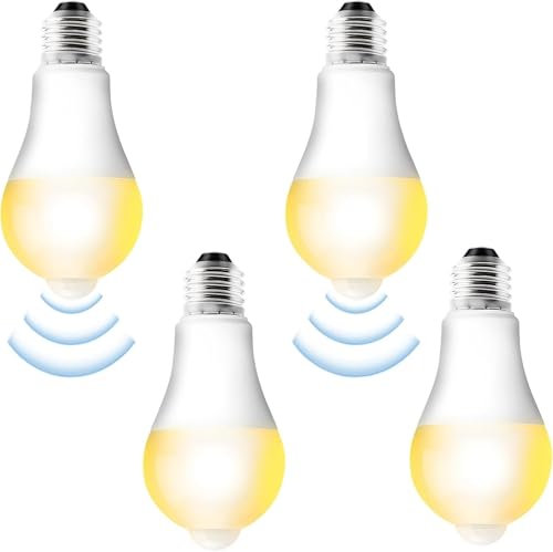 4 Stück E27 LED Glühbirne mit Bewegungsmelder, LED Birne mit PIR Bewegungsmelder E27 LED Lampe 12W Warmweiß 3000K Lichtsensor Energiesparlampe E27 für Flur, Garage, Balkon, Treppe