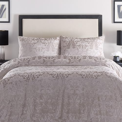 Laurence Llewelyn-Bowen - Copripiumino damascato goffrato in lino - Letto super king size (260 x 220 cm) - 2 federe - Biancheria da letto damascata in velluto di lino crema - Set di biancheria da