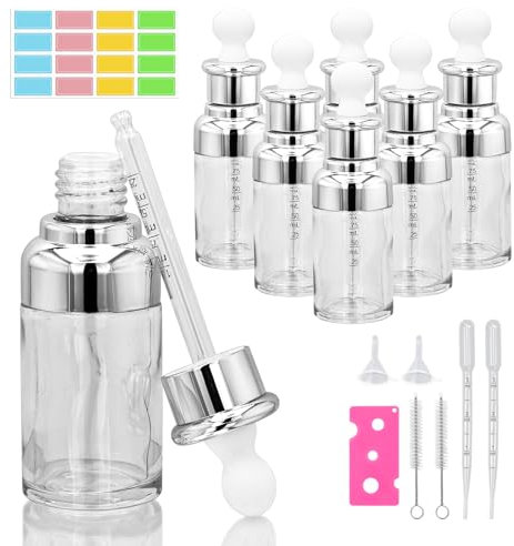 Dondeen Lot de 6 bouteilles à pipette, en verre transparent, avec pipettes, rechargeables, anti-fuite, pour huiles essentielles, massage, parfumerie, aromathérapie, laboratoire (50 ml)