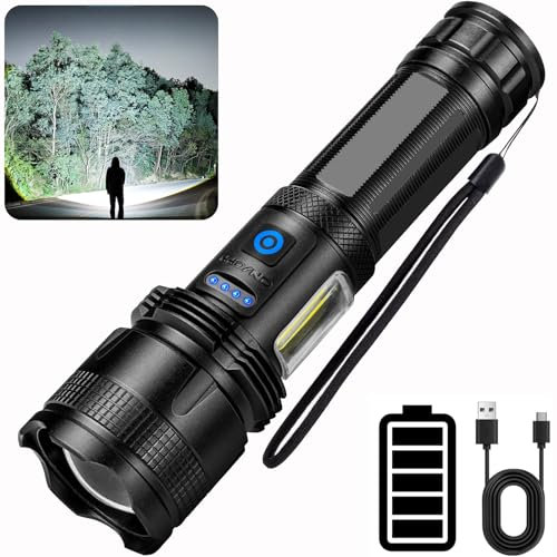 ZEUSFIRE Taschenlampe LED Aufladbar, 500000 Lumen Extrem Hell Taktische Taschenlampe Mit 7 Lichtmodi Zoombare, IPX7 Wasserdichte Handlampe für Camping, Wandern, Outdoor