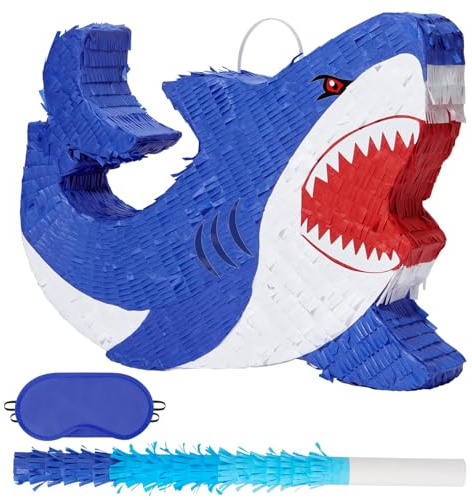 WERNNSAI Piñata de tiburón, decoración de fiesta de cumpleaños de tiburón, piñata de tiburón azul con venda para los ojos y murciélago, para niños, suministros de fiesta bajo el mar, celebración de