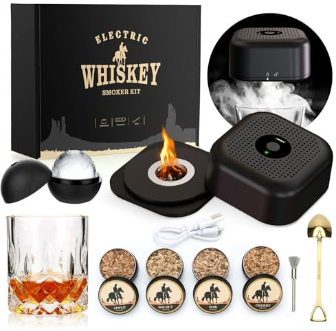 Electric Whiskey Smoker Kit with 4 Wood Chips & Whiskey Glass & Ice Ball Mold, Rechargeable Cocktail Smoker kit, Old Fashioned Smoke-r, Birthday Whisky gifts for Men, Dad, Husband, Boyfriends