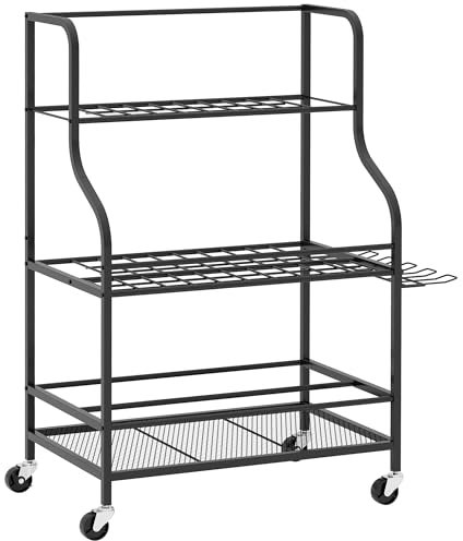 Outsunny Organiseur d'outils de Jardin, Support à Outils de Jardin 54 emplacements avec 5 Crochets, Porte-Outils de Garage en Acier sur roulettes, 3 Niveaux pour Outils, râteaux, Noir