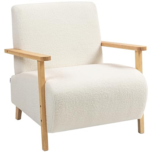 HOMCOM Poltrona da Salotto con Rivestimento in Tessuto Sherpa, Poltroncina da Camera Stile Nordico con Braccioli e Gambe in Legno di Gomma, Imbottitura Spessa, Crema