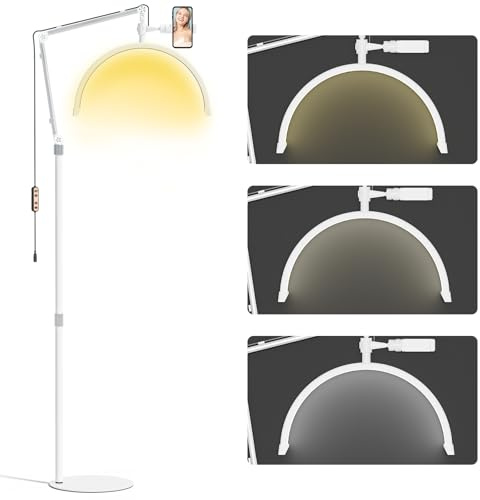 HomdMarket Halbmond-Lampe 3000-6000K Wimpern Lampe mit Handyhalter und Tischklemme 16 Zoll Kosmetiklampe 10-stufig Dimmbar Wimpernverlängerung Licht für Kosmetiker, Tätowierer, Nageltechniker(Weiß)