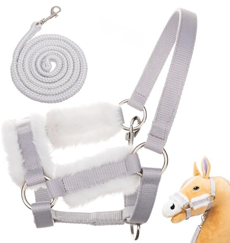Hoofly Accessori Hobby Horse – Cavezza in grigio, con maglia e moschettone [certificato TÜV] – Attrezzatura di alta qualità nel set – Ideale per gioco e allenamento