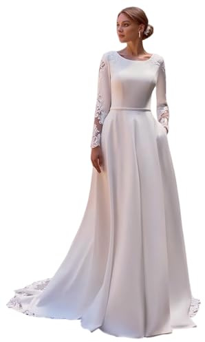 TSxuelian Abiti da sposa a maniche lunghe in raso Applique in pizzo Un abito da sposa linea, bianco, 40