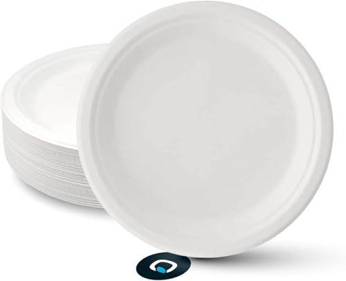 MAQA 200 Piatti Piani Biodegradabili e Compostabili Ø 23 cm – Piatti Bianchi In Polpa di Cellulosa 100% Bio – Resistenti a Caldo e Liquidi – Piatti Ecologici per Feste, Barbecue, Casa e Eventi