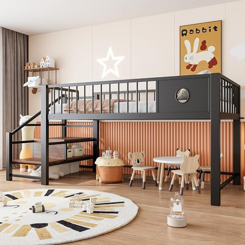 YuQozii Cama alta baja para niños (90 x 200 cm) con escalera de almacenamiento, marco de metal resistente, adecuado para niños y adolescentes (negro)