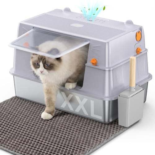 PKBD XXL Fully Enclosed Stainless Steel Cat Litter Tray, Light Grey