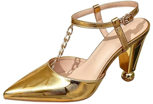 Metallisk Guld Pumps Slingback Stängt Toe T-Strap Sandaler för Lyxevenemang och Födelsedagar Elegant Skulpturklack