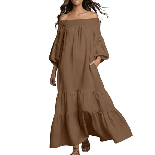 Robe casual décontractée femmes épaules dénudées longue coupe fluide unie idéale pour vacances estivales à la plage alliant élégance confort légère et respirante tendance parfaite (Coffee, XXXL)