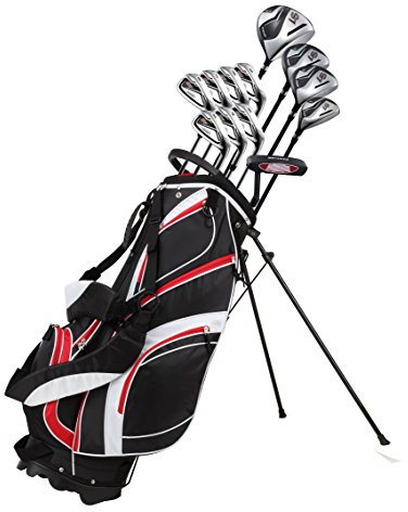 Set completo di 18 mazze e bastoni da golf da uomo, con driver in titanio, legni fairway #3 e #5, ibrido #4, 5 ferri SW, putter, sacca, 4 H/C, colori e misure a scelta, Red, Right Hand - Tall Size +1