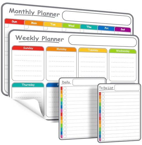4-Pack Non-Magnetic Whiteboard Calendar Set – Monthly, Weekly, Daily, to-Do List Planner – Dry Erase Board for Fridge, Wall, Glass, Door – Family, Office, Classroom Schedule Organiser