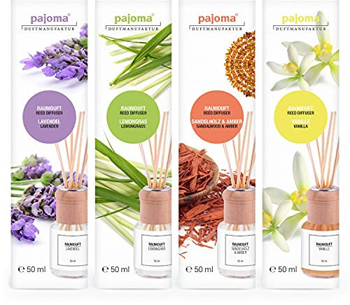 pajoma Raumduft Set, 4 x 50ml Raumdüfte Made in Germany Lavendel, Sandelholz & Amber, Vanille, Lemongras, Raumerfrischer