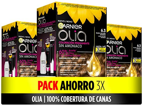 Garnier Olia - Pack de 3 coloración permanente sin amoniaco para un olor agradable con aceites florales de origen natural, color tono 6.3 rubio oscuro