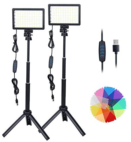 2 Packs Luces LED, Foco Regulables de 10000 K, Fotografia con Trípode Ajustable y Filtro de 9 Colores, para Tomas de Mesa, Grabación de Video, Youtube, TikTok