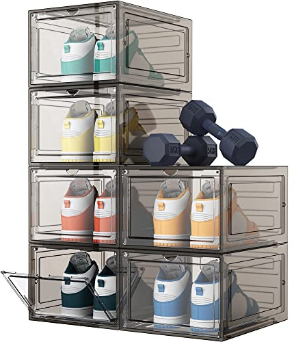 HOMIDEC Almacenamiento de zapatos, paquete de 6 organizadores de zapatos de plástico duro, cajas de zapatos apilables de plástico transparente, cajas de zapatos con tapas para tamaño 13, humo
