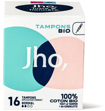 Jho - Tampons 100% Coton BIO - Avec applicateur compact (Normal, 1 boite = 16 tampons)