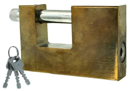 Lucchetto Corazzato Antiscasso, Cilindro Asta Di Chiusura 10mm, 3 Chiavi Inclusi, Lucchetto In Acciaio Per Serranda e Garage (90mm, Ottone)