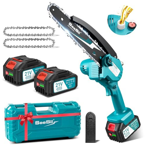 SEESII 8 pulgadas Mini motosierra de batería 2x4000mAh, motosierra eléctrica inalámbrica con inyector lubricante y cadena de repuesto, mini motosierra eléctrica para jardín, CH820+