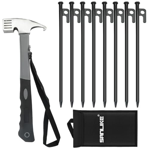 SAN LIKE 8 Stück Zeltheringe Sturmsicher, 30cm Heringe zum Zelten mit Camping Hammer, Zelt Heringe Stahl Erdnägel Camping Zeltheringe für Camping Outdoor Wandern