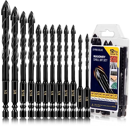 12-PCS Concrete & Masonry Drill Bit Set, Cement Drill Bits for Concrete Brick Wall, Tile Glass Ceramic, Masonry Drill Bit 1/8 to 1/2 inch Industrial Strength Carbide Cross Drill Bit Tip