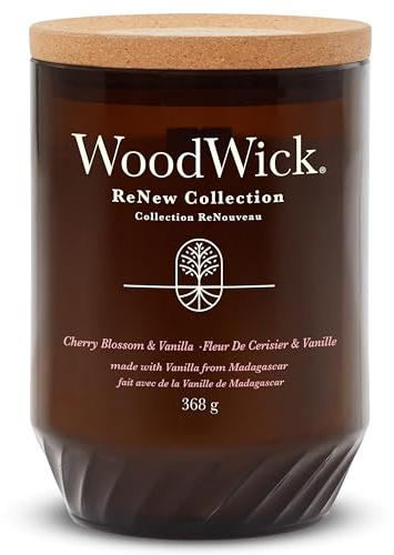 WoodWick ReNew Duftkerze mit knisterndem Docht | Große Kerze in Cherry Blossom & Vanilla | Pflanzliche Wachsmischung aus Soja & Kokosnuss | recycelte Materialien | Perfekte Geschenke für Frauen
